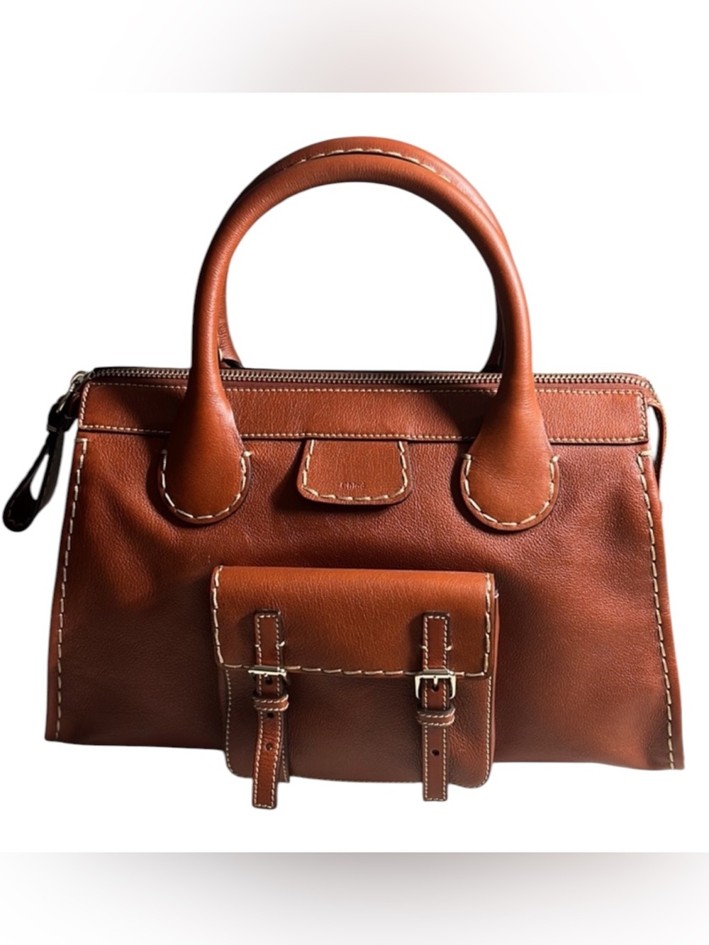 Chloé Edith Satchel Bag Buffalo Leather Cognac Brown Front Pocket Italy 2006